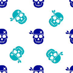 Blue Skull icon isolated seamless pattern on white background. Happy Halloween party. Vector.