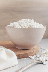 Fresh homemade crumbly cottage cheese in a large bowl