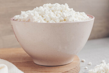 Fresh homemade crumbly cottage cheese in a large bowl