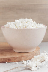 Fresh homemade crumbly cottage cheese in a large bowl