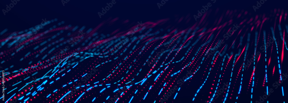 Poster Big Data visualization. Data technology illustration. Science background. Technological 3D landscape. 3D