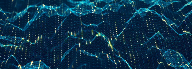 Futuristic wave on dark background. Colored pattern of connection dots. Big data. Technology or Science Banner. 3D