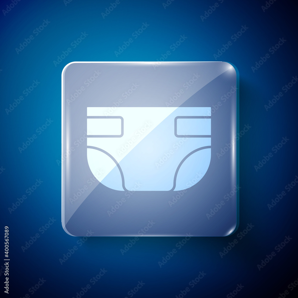 Sticker White Baby absorbent diaper icon isolated on blue background. Square glass panels. Vector.