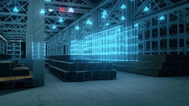 digital warehouse hud goloram 3d scanning lidar data 4k. High quality 4k footage