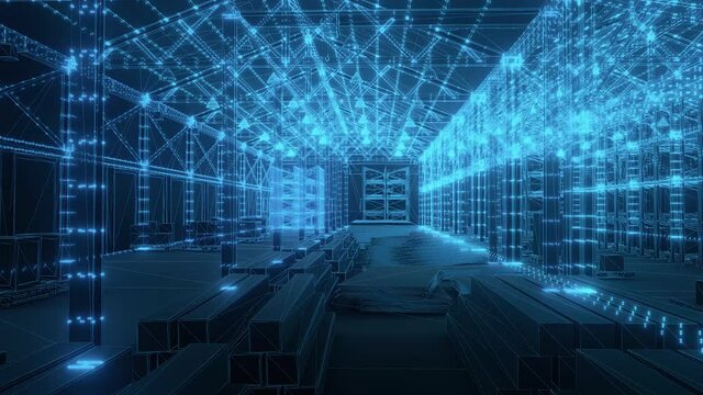 Digital Automated Warehouse Hud Hologram Scanning inside boxes and industrial elements 4k. High quality 4k footage