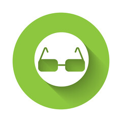 White Glasses icon isolated with long shadow. Eyeglass frame symbol. Green circle button. Vector.