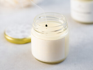 Composition with aroma humidifier on table against grey background. Space for text