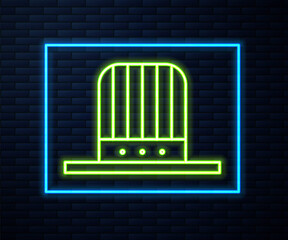 Glowing neon line Patriotic American top hat icon isolated on brick wall background. Uncle Sam hat. American hat independence day. Vector Illustration.