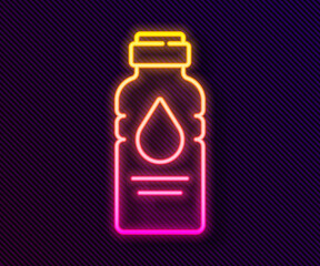 Glowing neon line Bottle of water icon isolated on black background. Soda aqua drink sign. Vector Illustration.