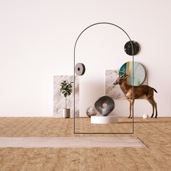 Pair Bold and Abstract Shapes with a Realistic Deer Model in a Modern Composition Room that has White Walls and Matte Wooden Floors