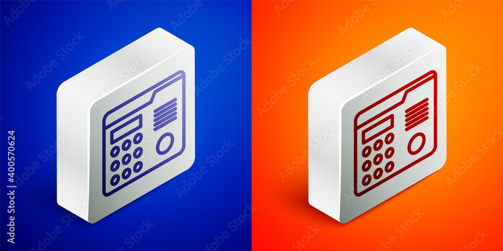 Poster isometric line house intercom system icon isolated on blue and orange background. silver square butt