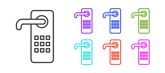 Black line Digital door lock with wireless technology for unlock icon isolated on white background. Door handle sign. Security smart home. Set icons colorful. Vector Illustration.