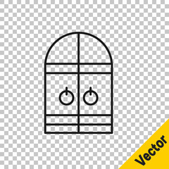 Black line Medieval castle gate icon isolated on transparent background. Medieval fortress. Protection from enemies. Vector.