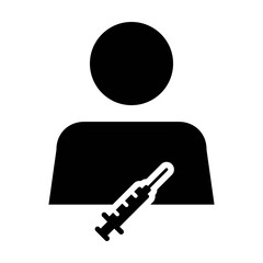 Vaccine icon vector with Injection syringe male user person profile avatar symbol for medical and healthcare treatment in a glyph pictogram illustration