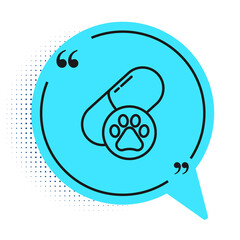 Black line Dog pill icon isolated on white background. Prescription medicine for animal. Blue speech bubble symbol. Vector.