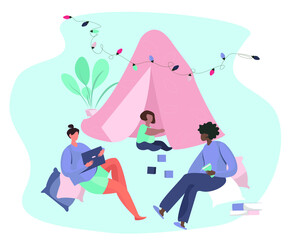 Multicultural Family Made Blanket Fortress For Children in Pajamas.Home Hut or Hovel.Pajama party.Tent at Home with Pillows For Children and Family.Time at Home During Quarantine.Vector Illustration
