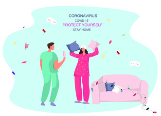 Pillow Fight and Home Hovel.Characters Made Blanket Fortress.Pajama party.Tent at Home with Pillows For Children or Family.Time at Home During Quarantine. Flat Vector Illustration