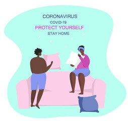 The Family is Fighting Pillows in Pajamas.Pajama party.Tent at Home with Pillows For Afro American Family.Pillow Fight.Time at Home During Quarantine.Flat Vector Illustration