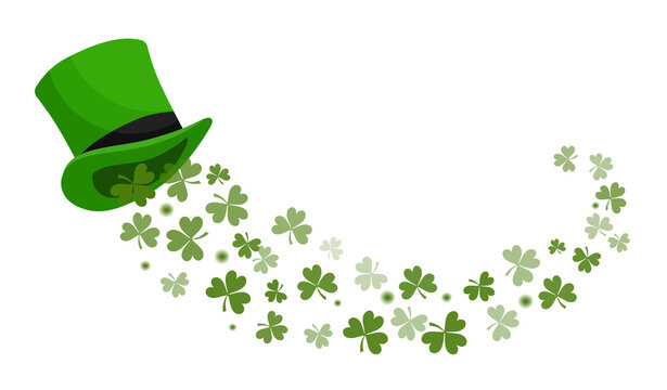 St. Patricks green hat with four-leaves clover. Leprechaun hat. Vector illustration.