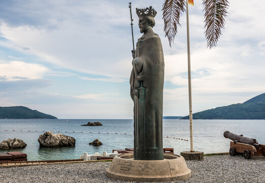 Herceg Novi, Montenegro - May 24,2017: Sculpture of king of Bosnia Stephen Tvrtko I in port of Herceg Novi coastal town