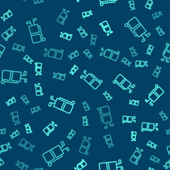 Green line Golf bag with clubs icon isolated seamless pattern on blue background. Vector.
