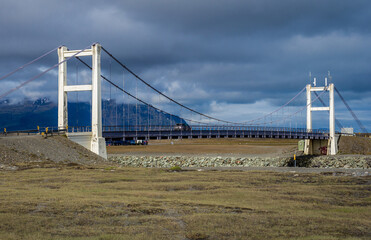 Fototapeta na wymiar Bridge over Jokulsarlon glacial lake on the Atlantic shore, Iceland