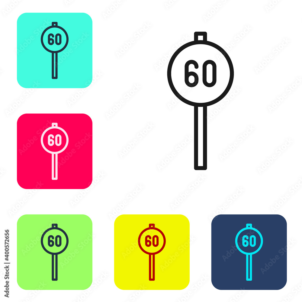 Poster black line speed limit traffic sign 60 km icon isolated on white background. set icons in color squa