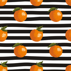 Vector seamless summer pattern with oranges on black and white striped background.