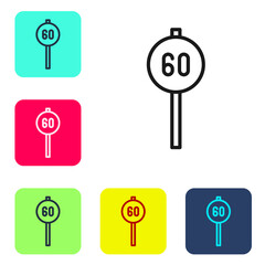 Black line Speed limit traffic sign 60 km icon isolated on white background. Set icons in color square buttons. Vector.