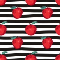 Vector seamless summer pattern with apples on black and white striped background.