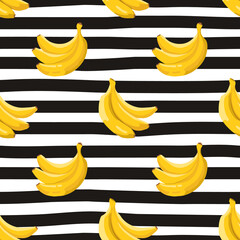 Vector seamless summer pattern with bananas on black and white striped background.