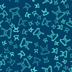 Green line Barbecue grill icon isolated seamless pattern on blue background. BBQ grill party. Vector.