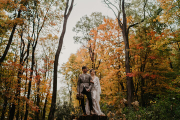 Young Couple on their wedding day standing in a forest in autumn