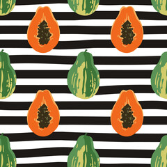 Vector seamless summer pattern with papayas on black and white striped background.