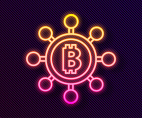 Glowing neon line Blockchain technology Bitcoin icon isolated on black background. Abstract geometric block chain network technology business. Vector.