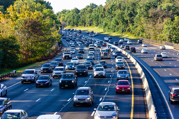 Peak hour traffic on Garden State Parkway photographed from an over bridge at Clark, New Jersey, in...