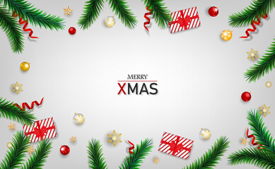 Happy New Year 2021, Xmas decorative design elements with gifts box and red tinsel. Horizontal Happy New year and Happy Christmas posters, greeting cards.