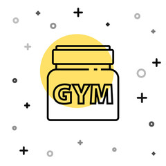 Black line Sports nutrition bodybuilding proteine power drink and food icon isolated on white background. Random dynamic shapes. Vector.