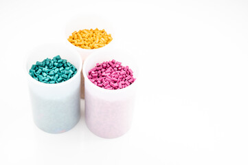 Plastic granules close up for holding,Colorful Plastic granules with white background.