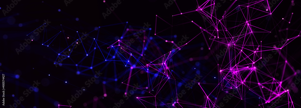 Poster Abstract polygonal space with connecting dots and lines. Dark background. Connection structure. 3d Widescreen