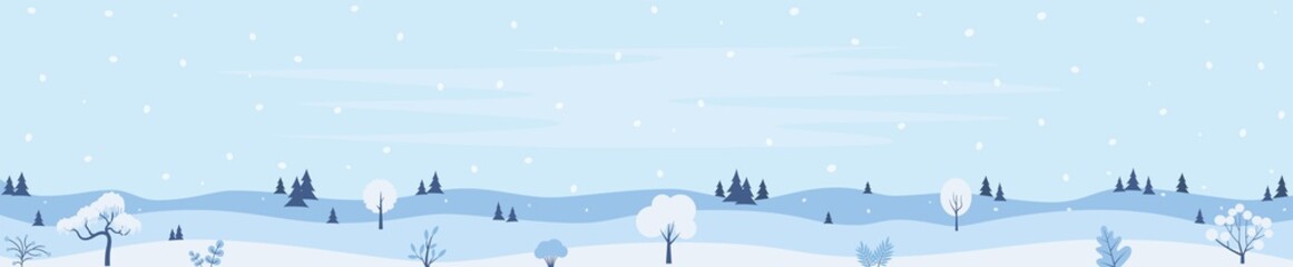 Fototapeta na wymiar Winter Landscape Background, Pine Snow Trees, Woods. Horizontal banner template with winter landscape snowy background. Vector Illustration.