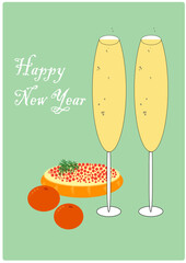 Vector illustration with New Year's treat. Postcard to the new year and christmas. Illustration of two glasses of champagne and a sandwich with caviar. Mandarins. Celebrate and eat deliciously