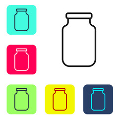 Black line Glass jar with screw-cap icon isolated on white background. Set icons in color square buttons. Vector.