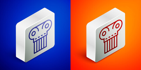 Isometric line Ancient column icon isolated on blue and orange background. Silver square button. Vector.