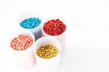 Plastic granules close up for holding,Colorful Plastic granules with white background.