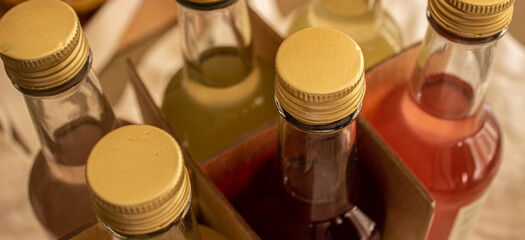 Probiotic drink fermented kombucha varieties in a bottle for those who have a healthy diet or for those who do sports to stay fit, for intestinal health.top view,  copy space for your text.