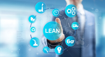 Lean, Six sigma, quality control and manufacturing process management concept on virtual screen.