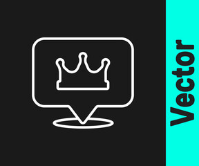 White line Location king crown icon isolated on black background. Vector.
