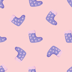 Random seamless pattern with hand drawn wool blue winter shoes ornament. Pink background.