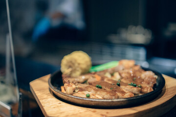 meat with vegetable grill, Chef cooking wagyu beef in Japanese teppanyaki restaurant